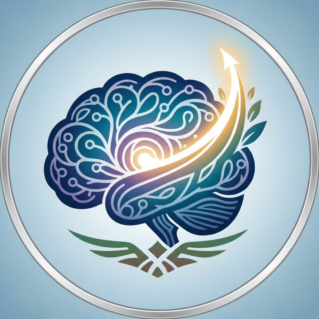 A stylized logo featuring a brain, arrow, and plant with a light blue background.