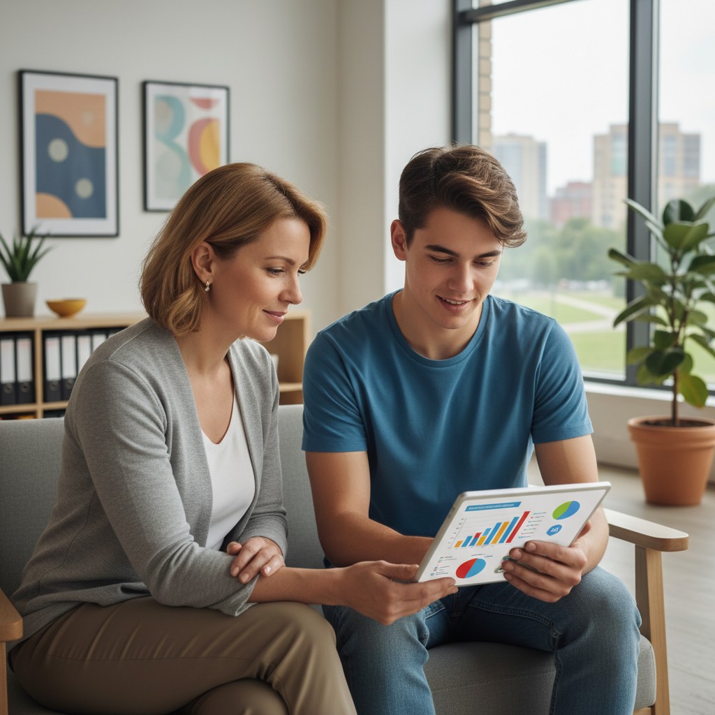 An adult and a teenager sit on a couch in a modern room looking at a tablet with an infographic on the screen.