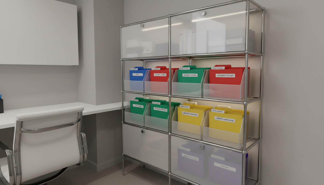 A set of transparent polycarbonate organizational trays, each containing color-coded file folders labeled for different types of psychoeducational evaluations, arranged in a modular shelving system with frosted glass panels. The setting is a softly lit office corner, with neutral gray and off-white tones dominating the palette. Discrete LED strip lighting along the shelves casts subtle highlights across the trays and folders, reinforcing cleanliness and meticulous organization. The camera angle is slightly elevated for a comprehensive view, and the composition emphasizes geometric balance and ample negative space. The image embodies a mood of order, clarity, and confidence—an essential foundation for clear assessment and direction.