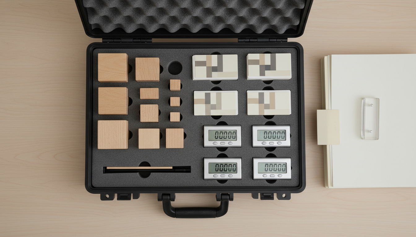 A modern neuropsychological testing kit in a custom foam-lined case, showcasing precisely arranged neutral-colored instruments: tactile cubes, color-blocked cards, and digital timers all set against a minimalist, matte-black interior. The kit sits atop a smooth, light wood table, with nearby neutral-toned folders stacked parallel. Overhead soft, balanced studio lighting eliminates harsh contrasts, creating a sense of clarity and order. Composition is top-down, centered, with sharp focus on each tool’s detail, conveying a mood of professionalism and technological advancement. The scene echoes a sense of preparedness and expertise, perfectly suited for a corporate neuropsychology environment.