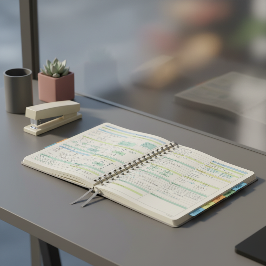 An open, spiral-bound clinical assessment notebook with crisp, ivory pages, filled with neatly organized charts and colored tabs, laid atop a flat gray workspace. The notebook is surrounded by simple geometric desk accessories in muted tones, and adjacent to a frosted glass divider that blurs the background. Cool, diffused daylight from a nearby window creates soft highlights on the notebook's wire binding and gentle shadows across the desktop. The composition uses the rule of thirds to draw the eye to the notebook’s analytic pages, reinforcing a structured, methodical atmosphere. The artistic style is clean, professional, and modern—mirroring the precision and clarity promised by the center.