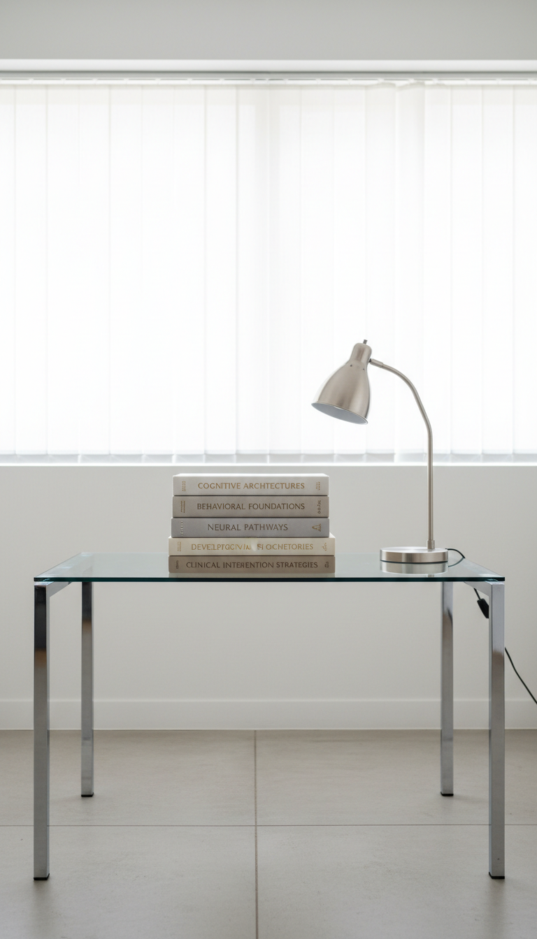 A stack of meticulously arranged hardcover psychology textbooks, each with elegant neutral-toned covers and embossed minimalist titles, positioned on a sleek glass-topped desk beside a brushed metal lamp. The environment features clean lines, soft white walls, and a structured layout, with a balanced composition that emphasizes organization and professionalism. Gentle, indirect studio lighting washes over the scene, highlighting the textures of the book covers and creating subtle yet defined shadows that add depth. The overall mood is calm, precise, and intellectually focused, captured at an eye-level angle with sharp, photographic realism. This image visually supports the idea of thorough, evidence-based assessment central to educational psychology.